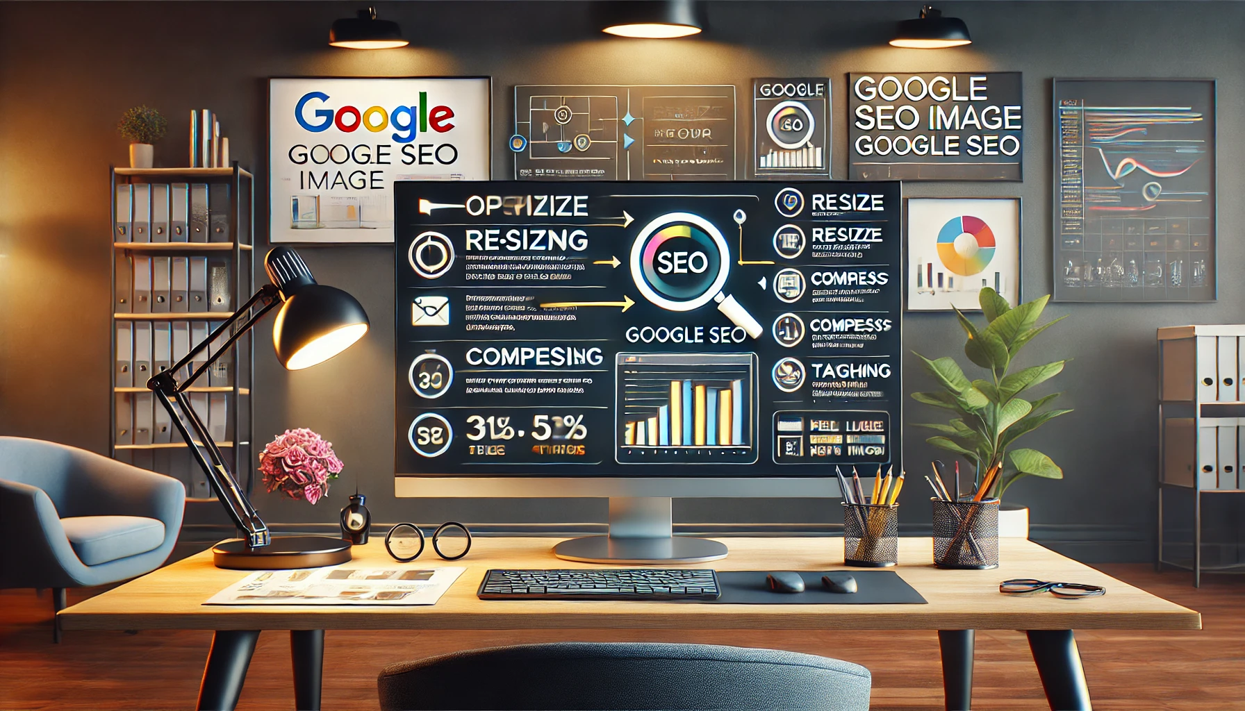 DALL·E 2024-09-12 14.58.04 – A detailed illustration depicting the process of Google SEO image optimization on a realistic widescreen monitor. The monitor displays a step-by-step 谷歌seo搜索引擎优化-图片优化
