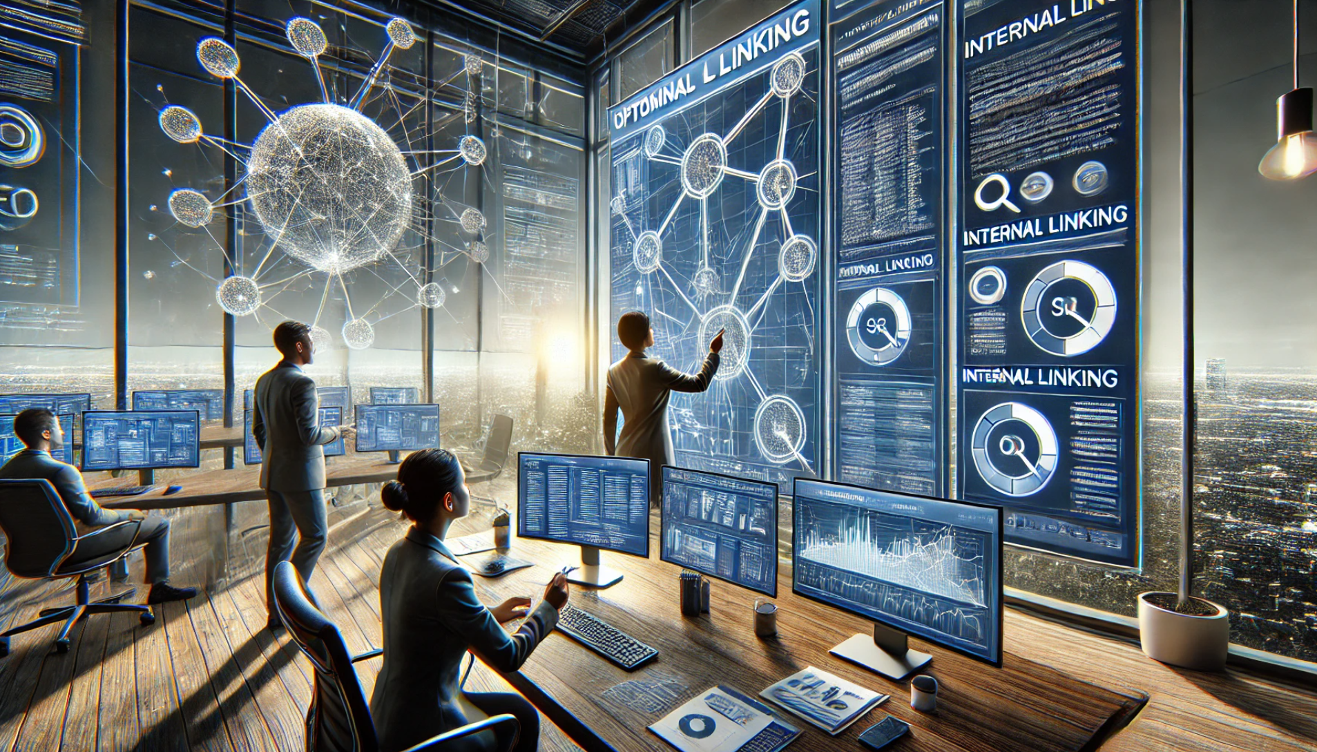 图片_20240906103047 an SEO expert optimizing internal linking for a website in a modern office setting