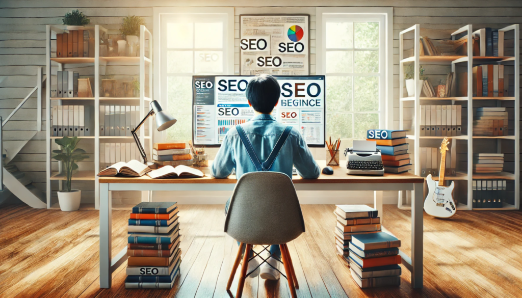 a novice engaging in SEO search optimization in their home office