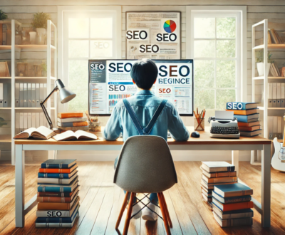a novice engaging in SEO search optimization in their home office