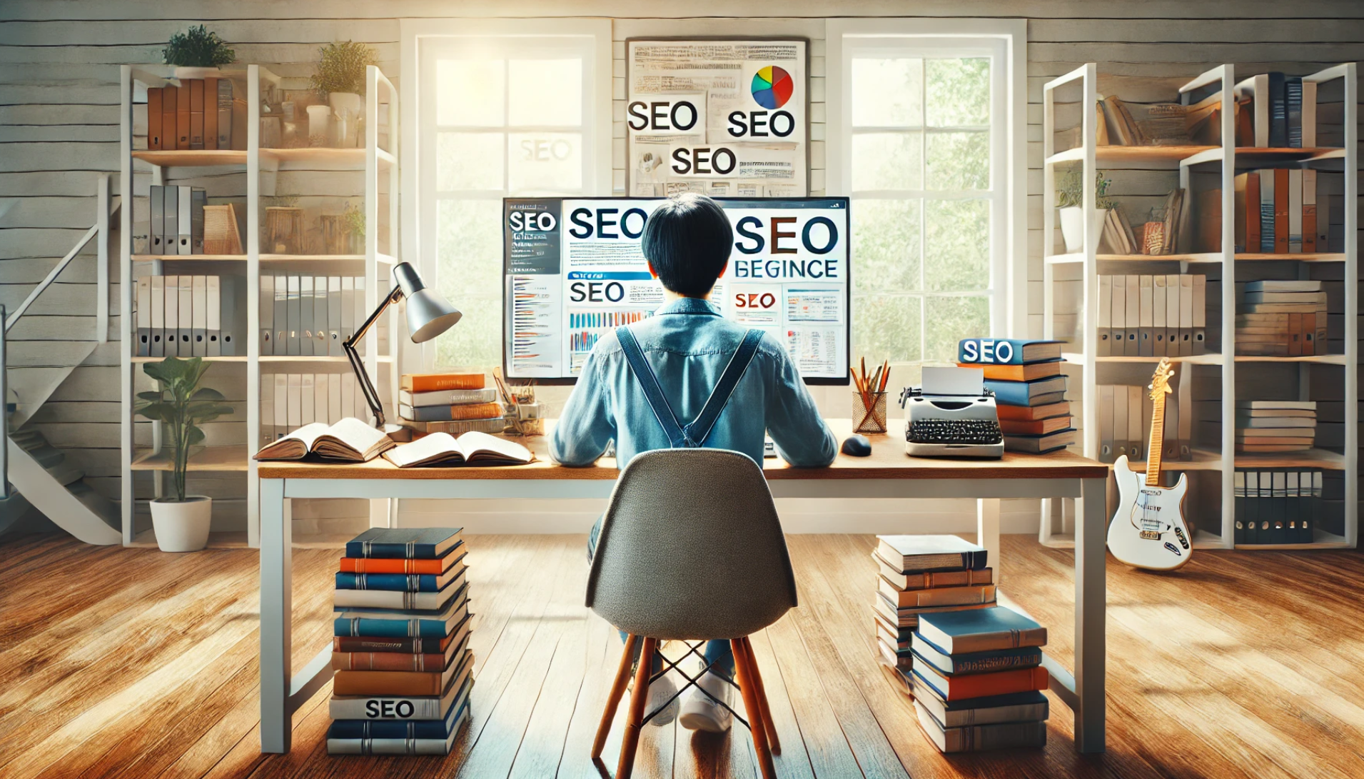 a novice engaging in SEO search optimization in their home office