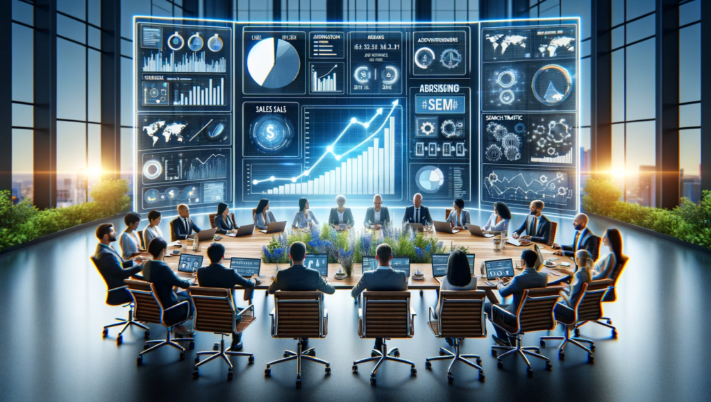 a corporate team using search engine marketing (SEM) to enhance their brand's sales and revenue. The setting captures a vibrant and successful atmosphere.