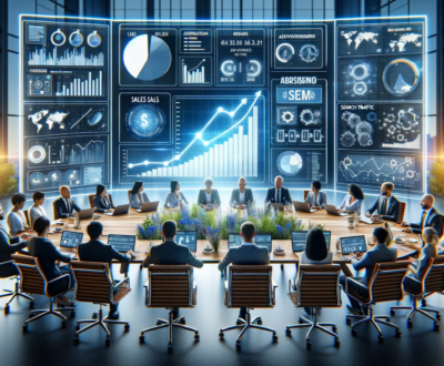 a corporate team using search engine marketing (SEM) to enhance their brand's sales and revenue. The setting captures a vibrant and successful atmosphere.