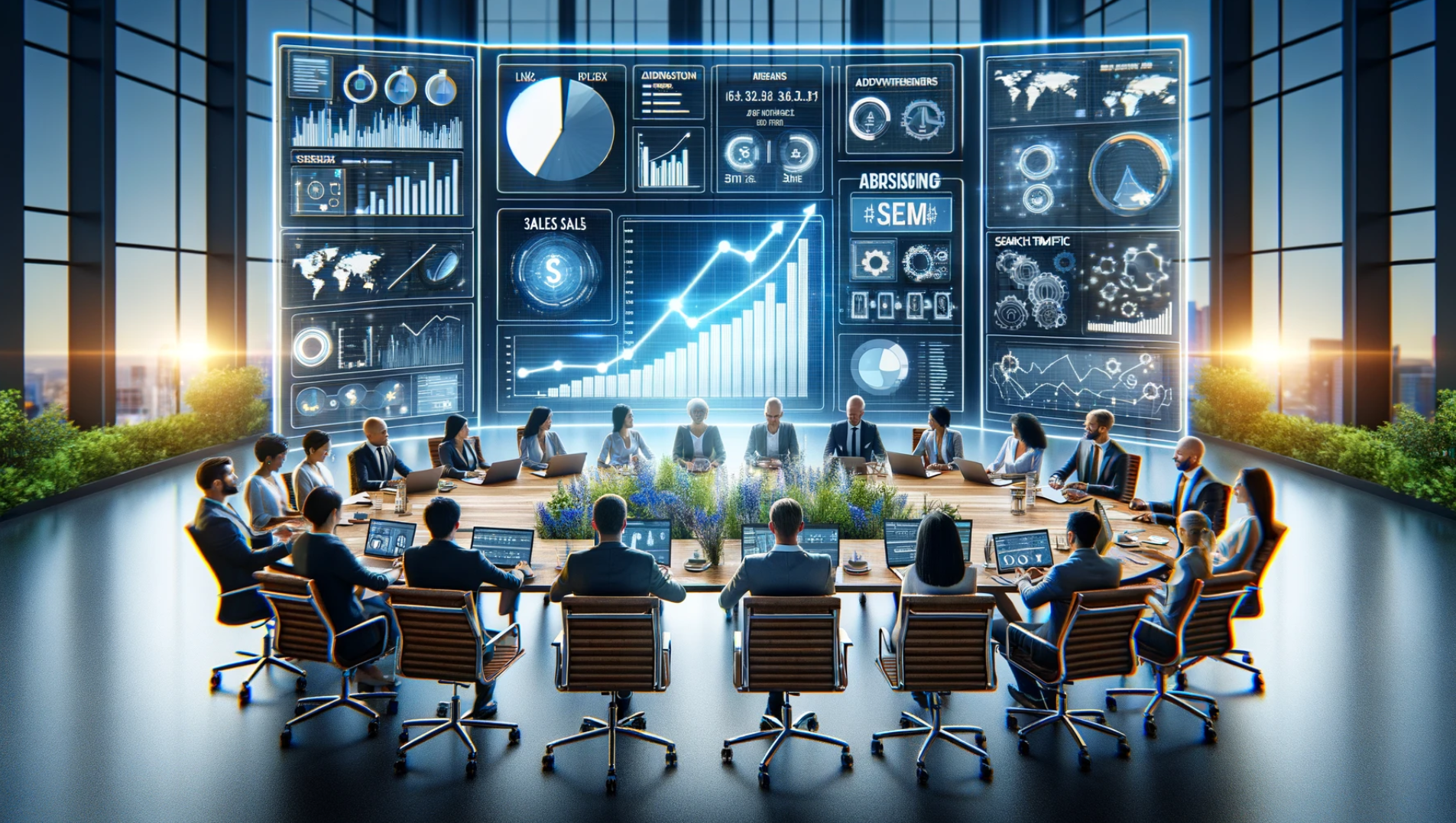 a corporate team using search engine marketing (SEM) to enhance their brand's sales and revenue. The setting captures a vibrant and successful atmosphere.