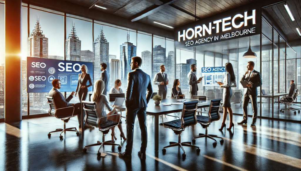 the professional environment at HORNTECH, an SEO agency in Melbourne. The setting shows the team engaging with clients and presenting strategies, framed by a stylish office with views of the city.
