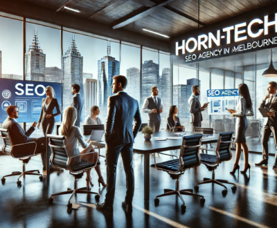 the professional environment at HORNTECH, an SEO agency in Melbourne. The setting shows the team engaging with clients and presenting strategies, framed by a stylish office with views of the city.