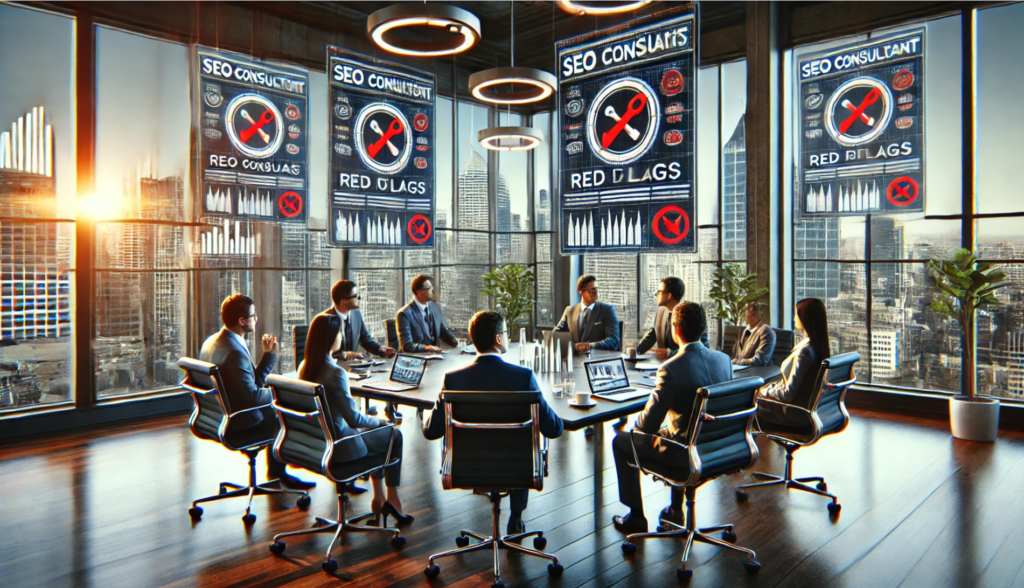 a scene in a corporate office, where potential red flags with SEO consultants are being discussed. The setting continues the style of the previous image, capturing a moment of scrutiny and skepticism among the team.
