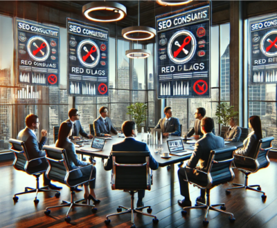 a scene in a corporate office, where potential red flags with SEO consultants are being discussed. The setting continues the style of the previous image, capturing a moment of scrutiny and skepticism among the team.