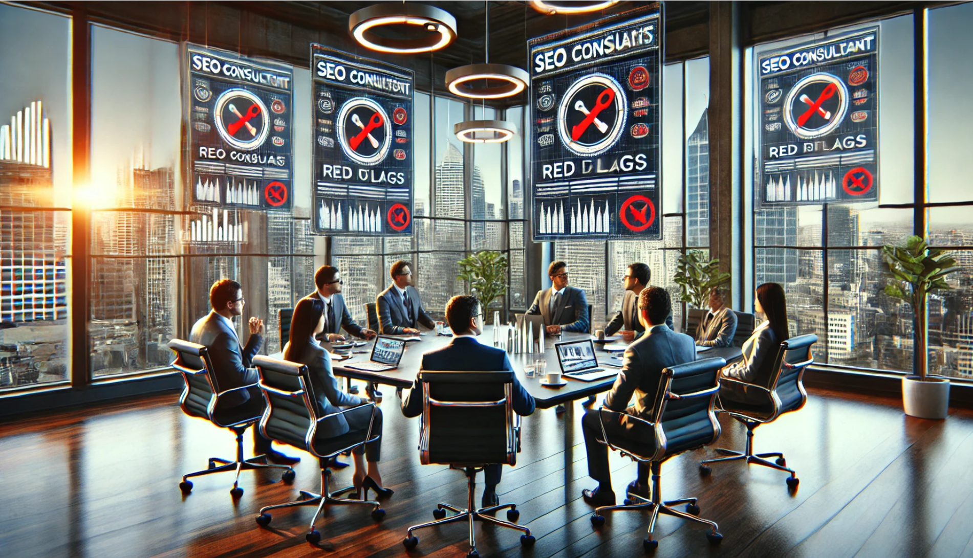 a scene in a corporate office, where potential red flags with SEO consultants are being discussed. The setting continues the style of the previous image, capturing a moment of scrutiny and skepticism among the team.