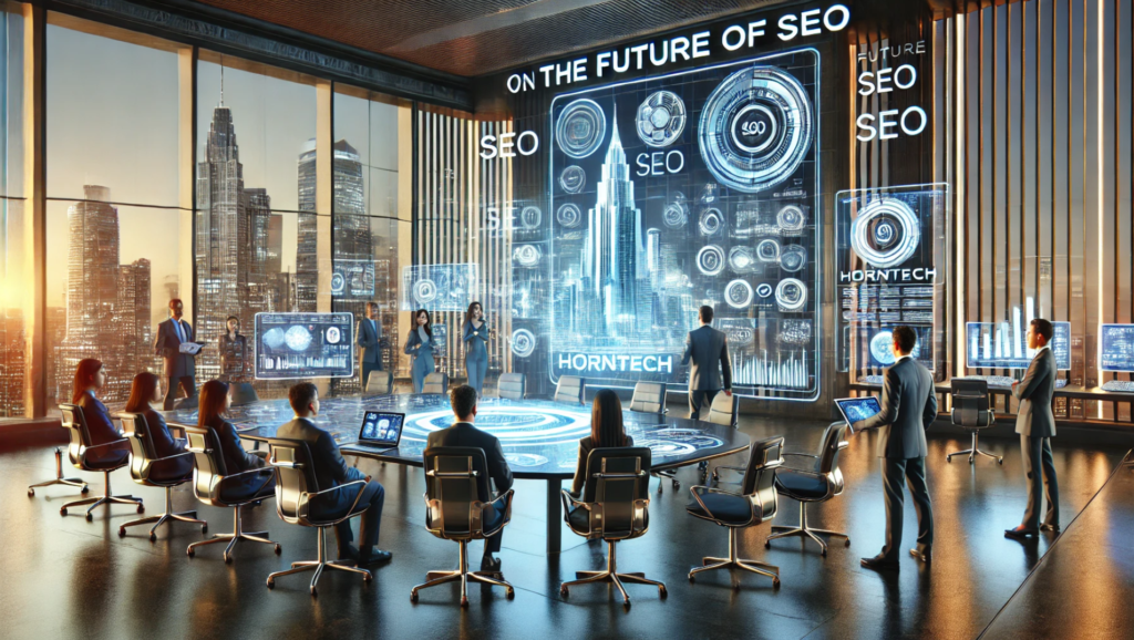 a futuristic view on the future of SEO as presented by HORNTECH. The scene captures a high-tech discussion with cutting-edge tools and innovative strategies.