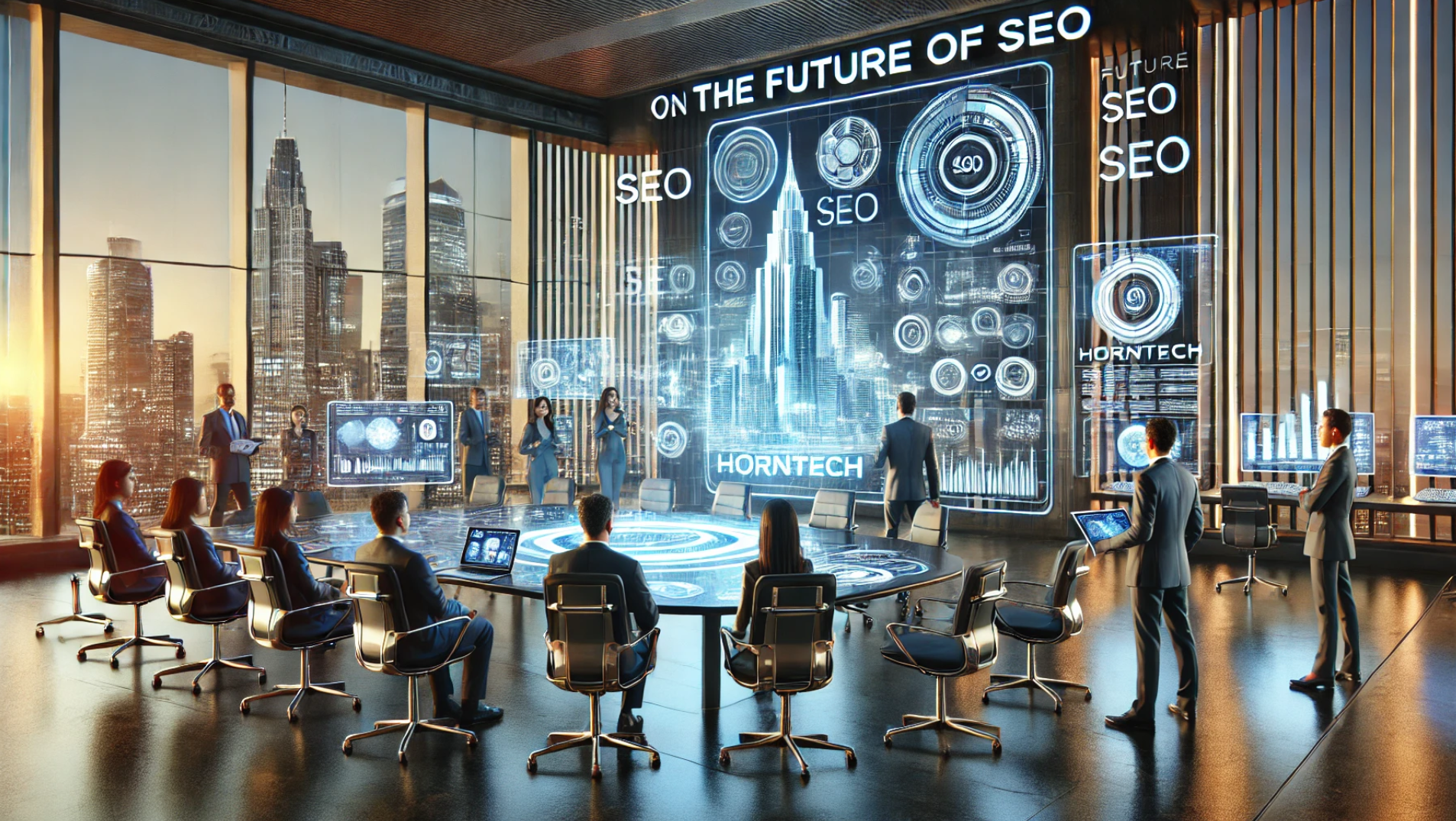 a futuristic view on the future of SEO as presented by HORNTECH. The scene captures a high-tech discussion with cutting-edge tools and innovative strategies.