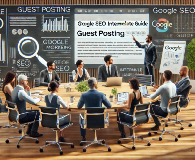 a professional office environment where digital marketers are discussing strategies for guest posting in the context of Google SEO.