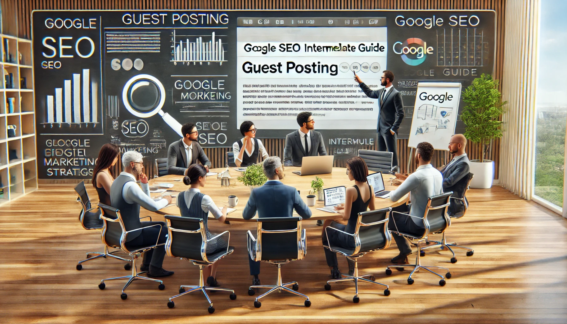 a professional office environment where digital marketers are discussing strategies for guest posting in the context of Google SEO.